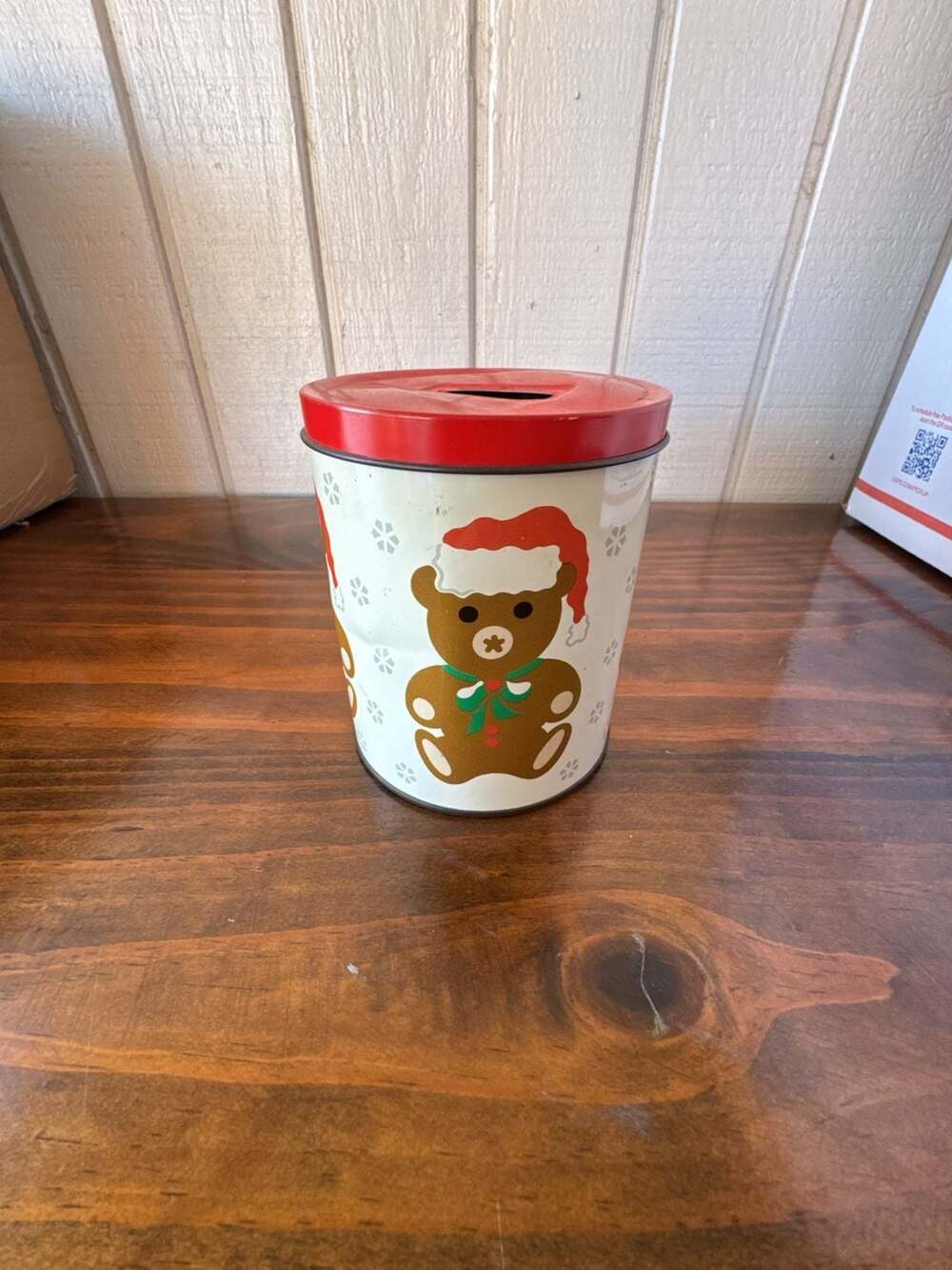 Vintage Christmas Teddy Bear Tin Coin Bank Holiday Canister